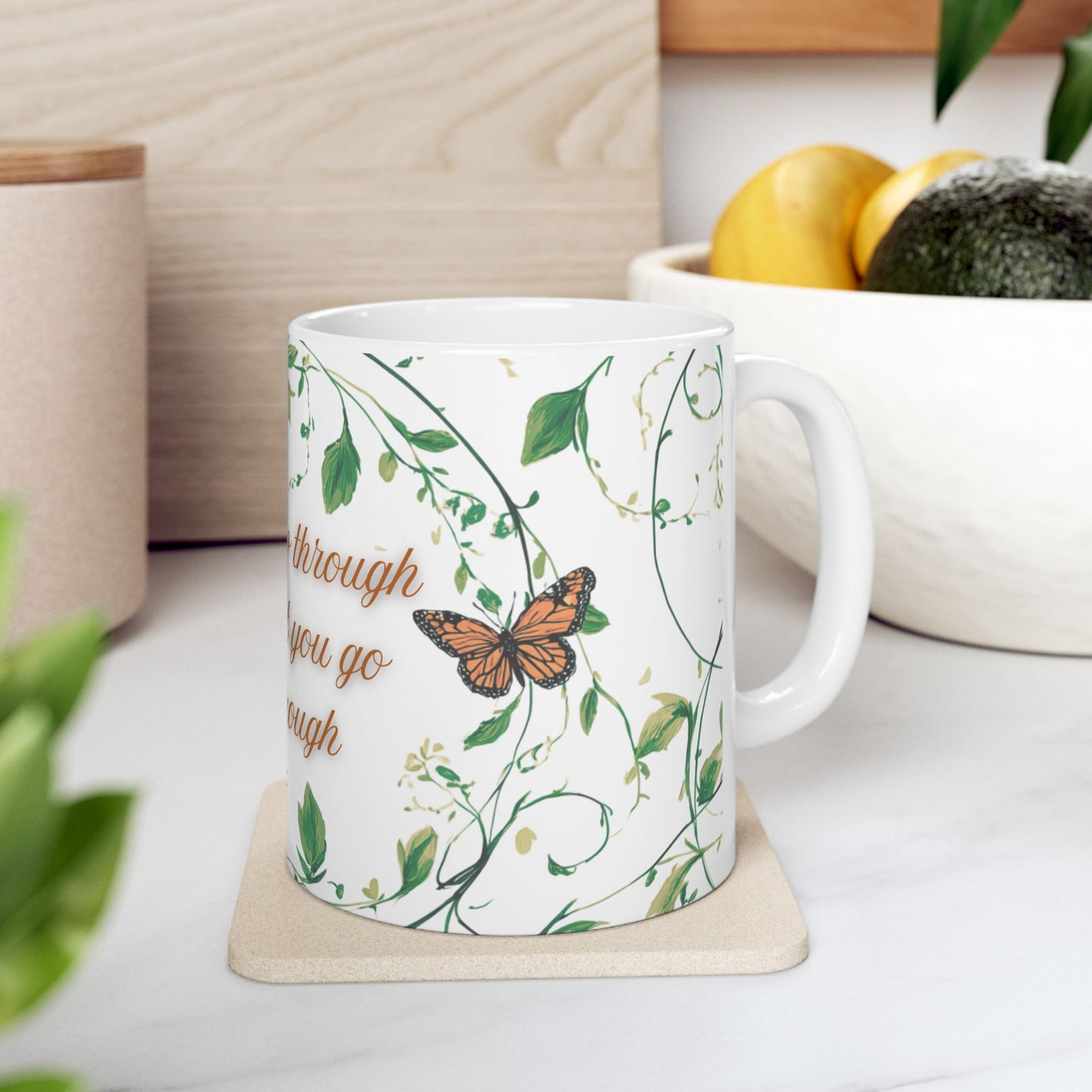 Inspirational Ceramic Mug, Grow Through What You Go Through Quote, Butterflies and Vines, Motivational Coffee Cup, 11oz, 15oz, Gift for Her