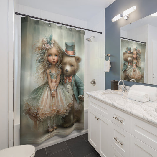 Whimsical Shower Curtain featuring Vintage Doll and Bear, Bathroom Decor, Cute Home Accessory, Child-friendly Shower Curtain | Unique Everyday Designz Home, Gifts A Lid for Every Pot ~Everyday Designz~