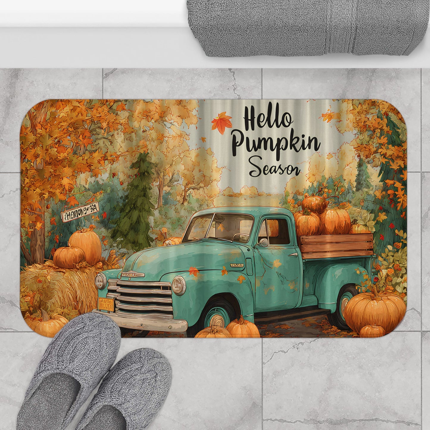 Bath Mat - Rustic Fall Farm Truck Hello Pumpkin Season Design Printify