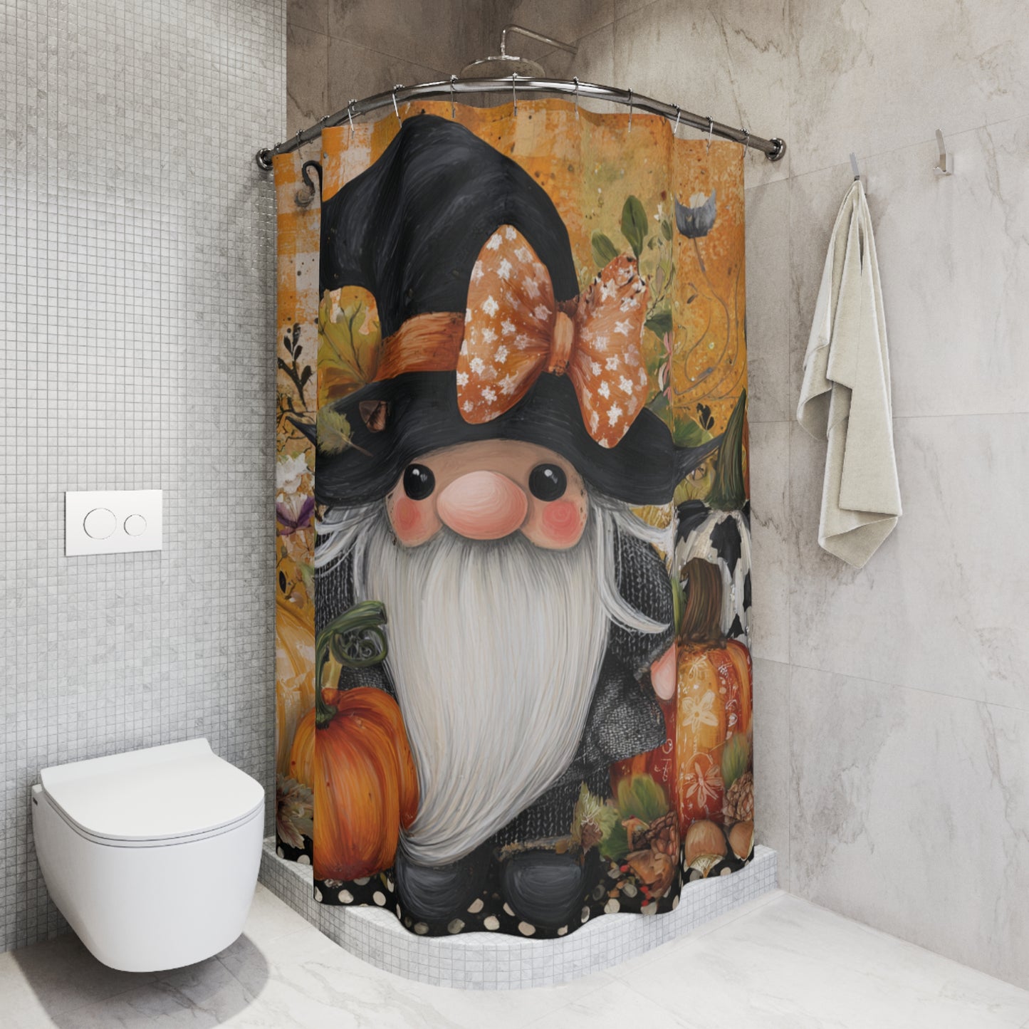 Charming Pumpkin Gnome Shower Curtain - Fall Decor, Halloween, Autumn Vibes, Witchy Bathroom, Seasonal Home Decor