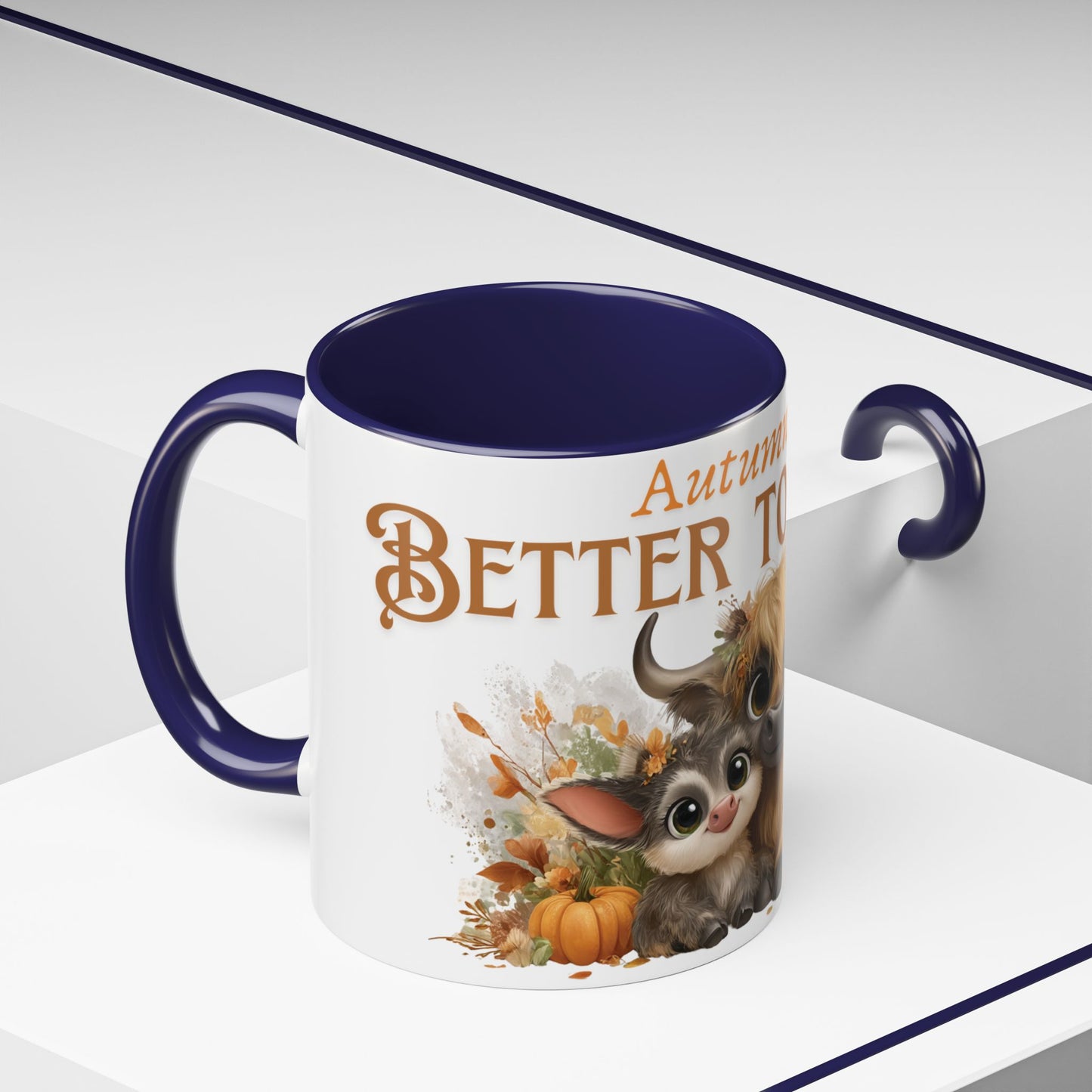 Autumn is Better Together Highland Cow Accent Coffee Mug Fall Mama and Baby Cow Cup White Ceramic with Color Handles 11oz or 15oz