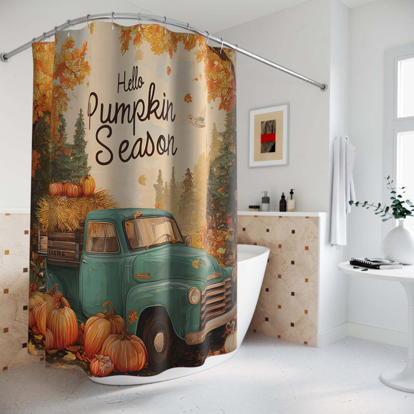 Shower Curtains - Rustic Fall Farm Truck Hello Pumpkin Season Printify