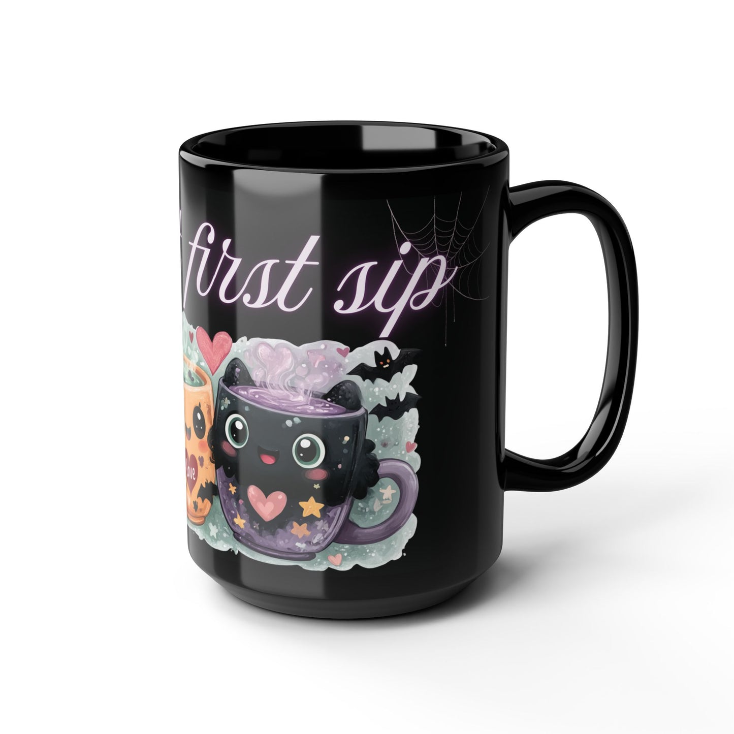 Whimsical Bat Mug, Love at First Sip Coffee Cup, Halloween Gift, Gothic Home Decor, Spooky Tea Mug, Unique Mugs Cute Bat Design - Black