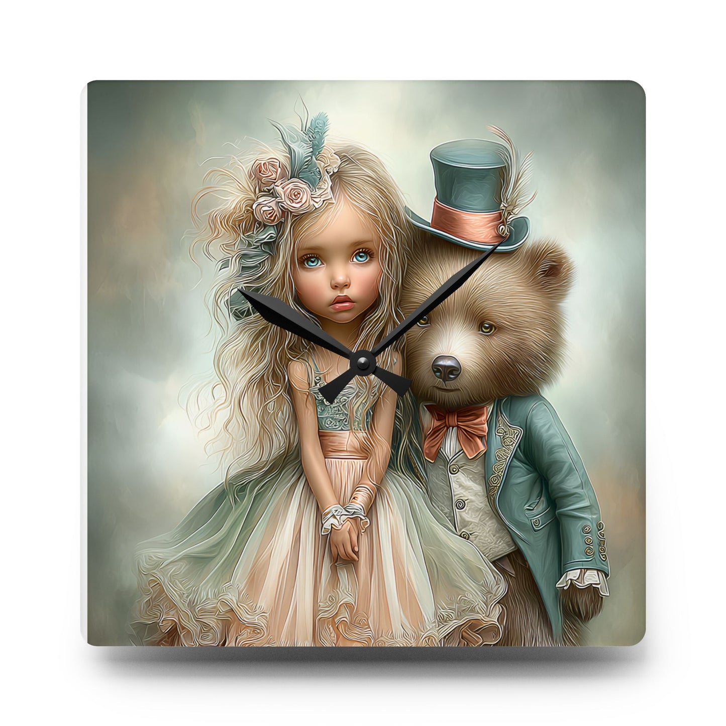 Whimsical Acrylic Wall Clock with Child and Bear Design, Unique Home Decor, Gift for Kids, Nursery Wall Art, Playful Timepiece Printify