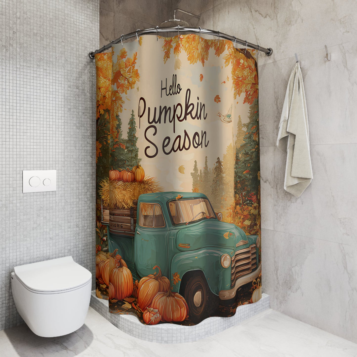Shower Curtains - Rustic Fall Farm Truck Hello Pumpkin Season Printify