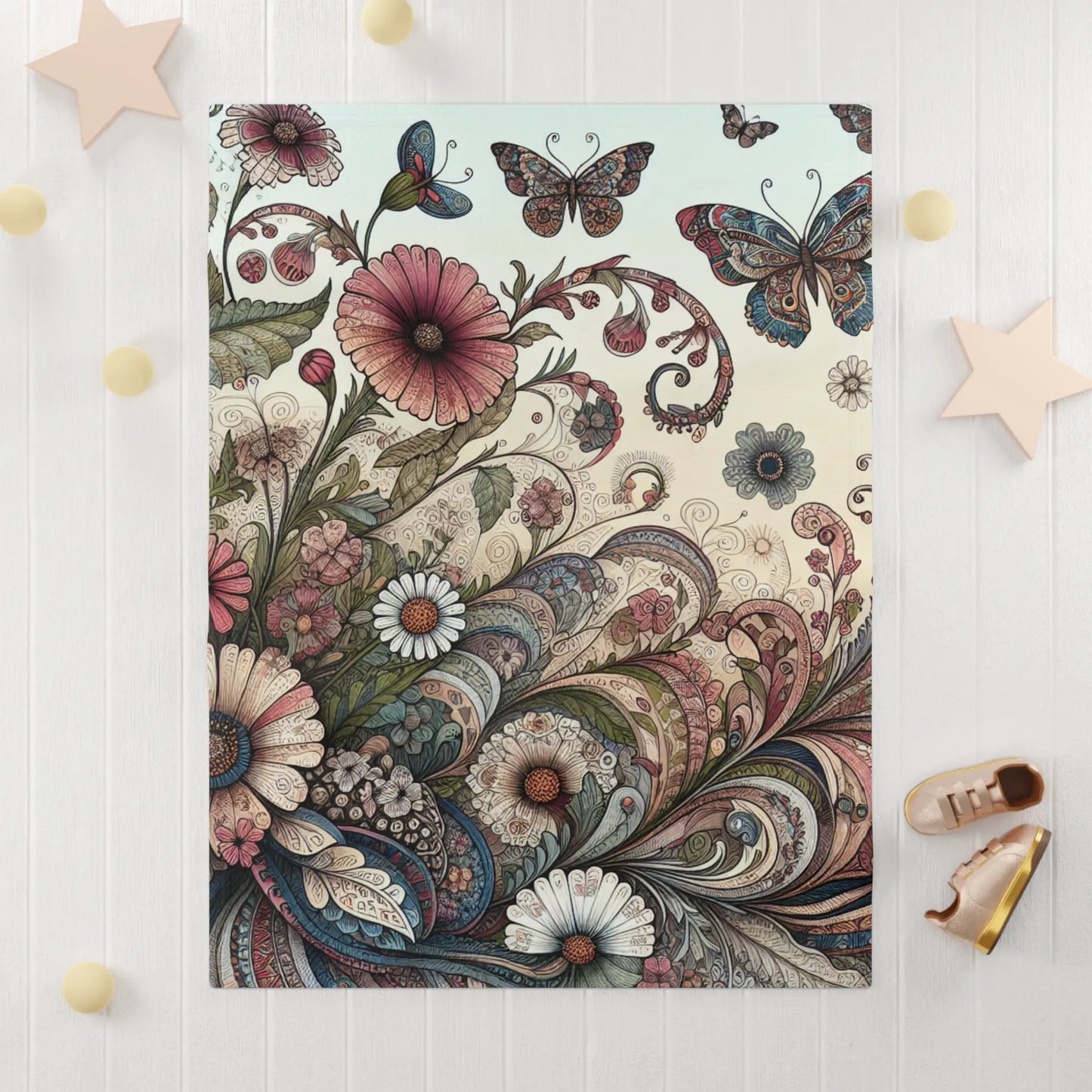 Whimsical Floral Baby Blanket, Cozy Gift for Newborns, Nursery Decor, Butterfly Themed, Floral Pattern Throw Printify