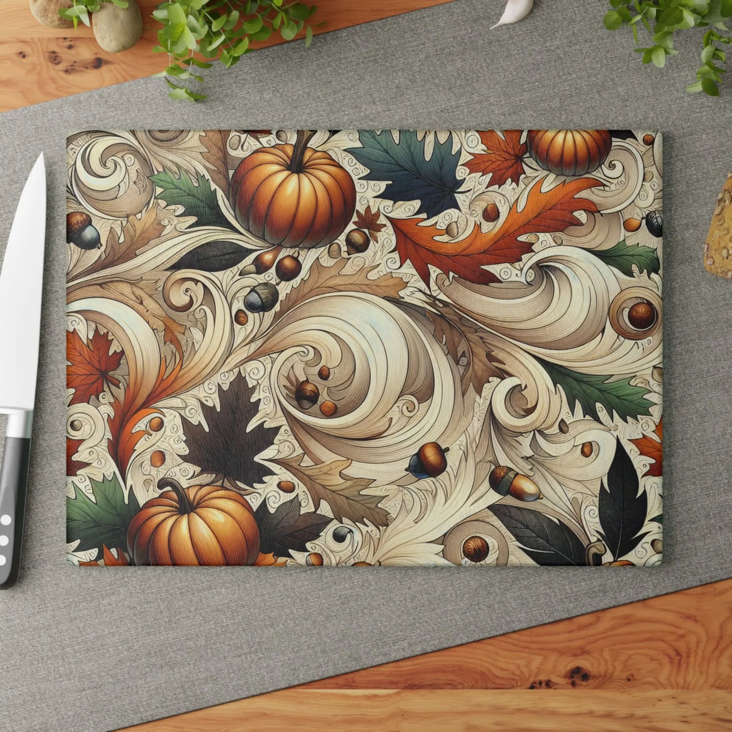 Autumn-Themed Glass Cutting Board, Fall Kitchen Decor, Thanksgiving Gift, Rustic Kitchenware, Seasonal Cooking Essential Printify