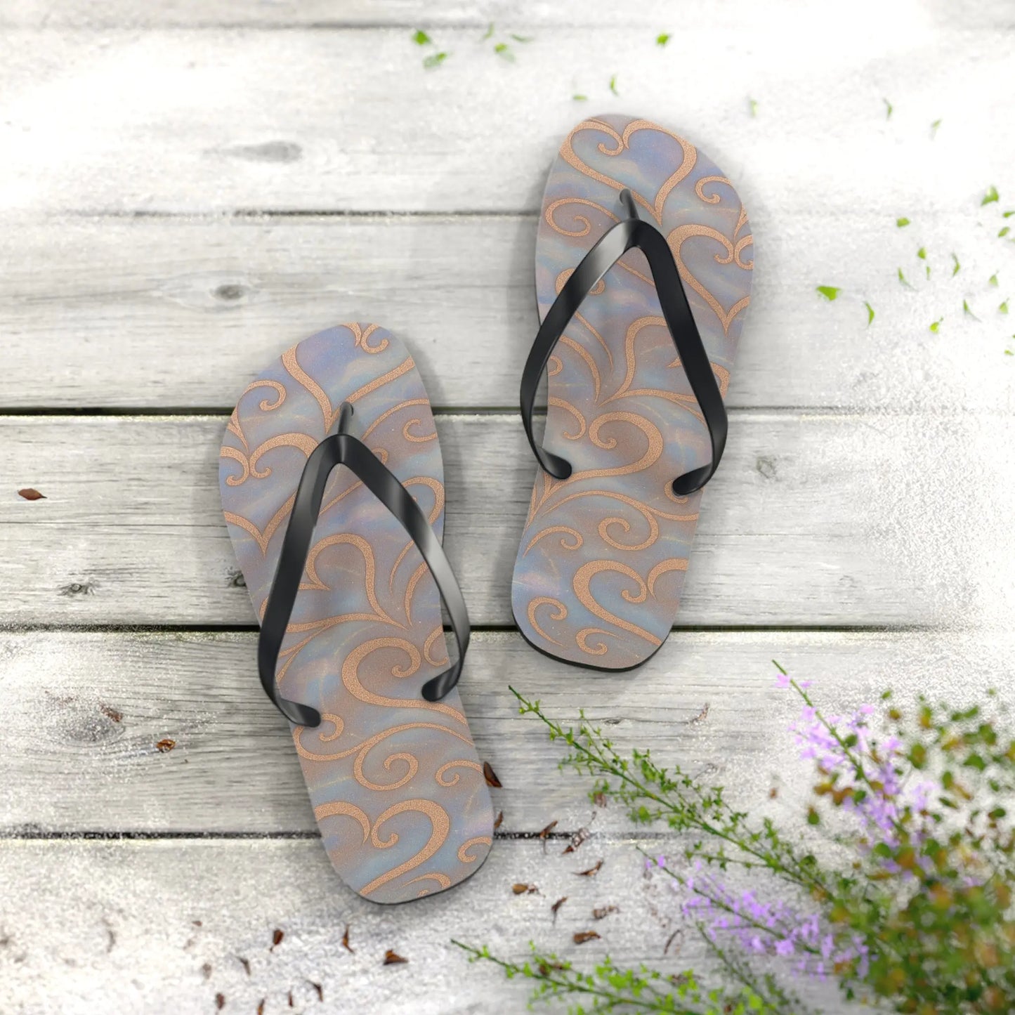 Flip Flops - Swirling Hearts Ombre Blue White Clouds Design Printify
