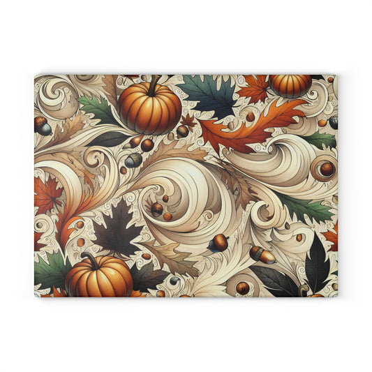 Autumn-Themed Glass Cutting Board, Fall Kitchen Decor, Thanksgiving Gift, Rustic Kitchenware, Seasonal Cooking Essential Printify