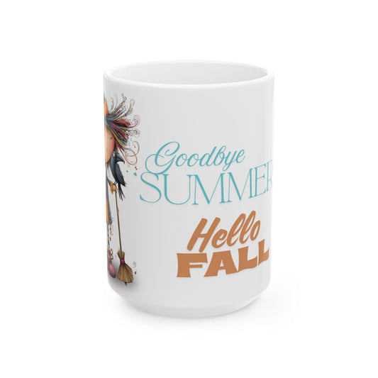 Ceramic Mug, Goodbye Summer Hello Fall Whimsical Witch Design, Halloween Coffee Cup, Autumn Kitchen Decor, Witchy Tea Mug, Fall Decor Gift