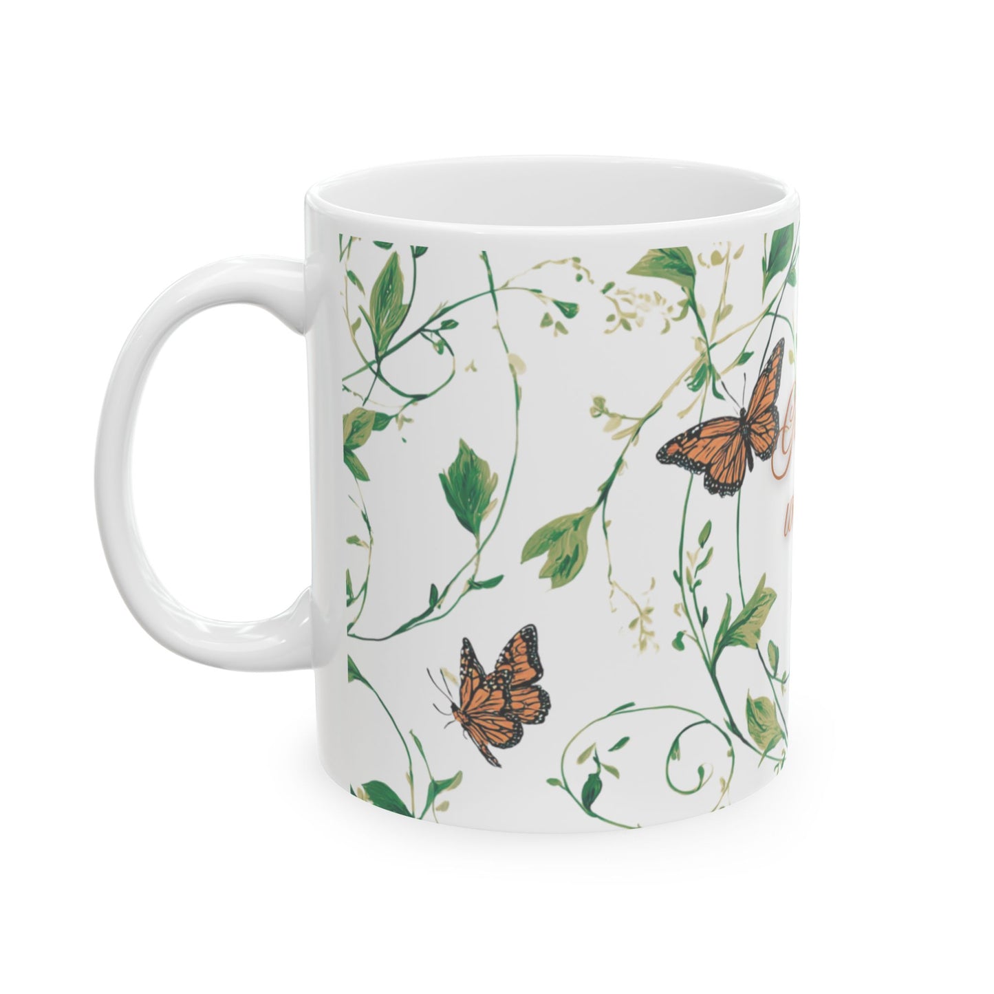 Inspirational Ceramic Mug, Grow Through What You Go Through Quote, Butterflies and Vines, Motivational Coffee Cup, 11oz, 15oz, Gift for Her