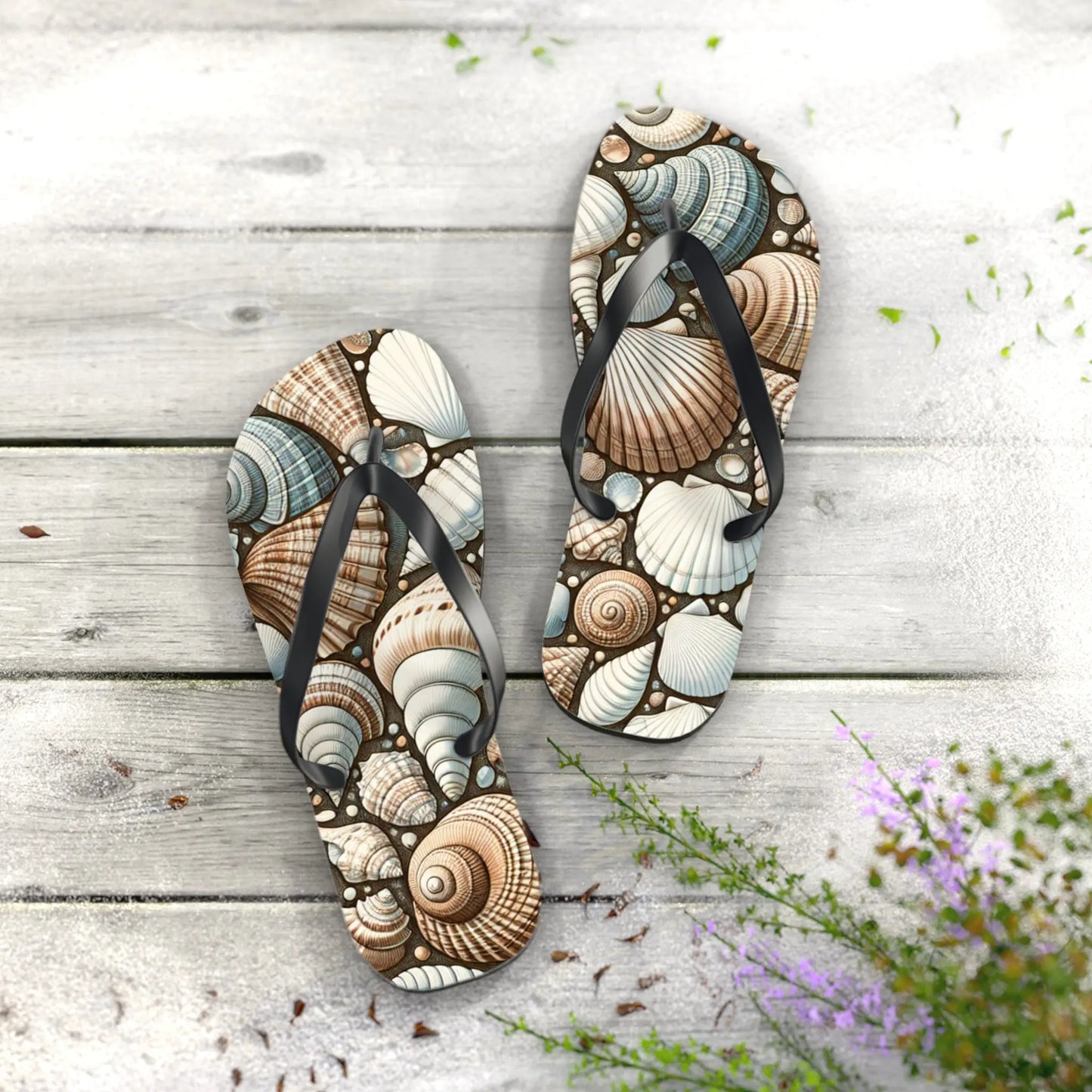 Seashell Flip Flops | Coastal Summer Footwear | Beach Sandals | Nautical Vacation Accessory | Sea-Inspired Summer Decor Printify
