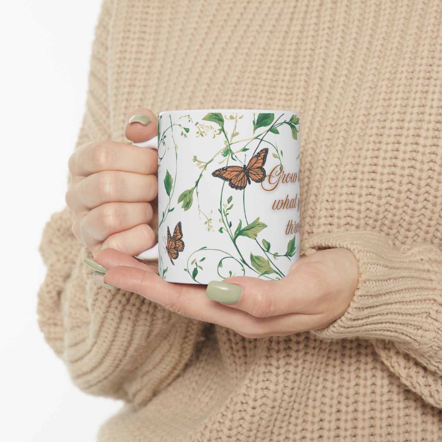 Inspirational Ceramic Mug, Grow Through What You Go Through Quote, Butterflies and Vines, Motivational Coffee Cup, 11oz, 15oz, Gift for Her