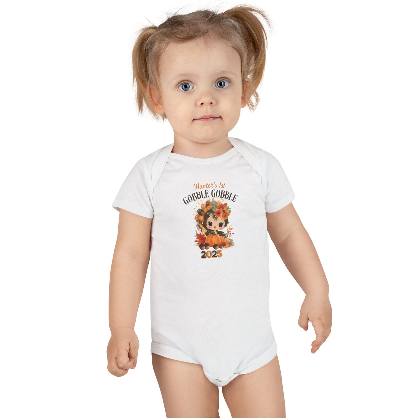 Personalized Baby Thanksgiving Onesie 1st Gobble Gobble Turkey Outfit Custom Name and Year Holiday Baby Bodysuit White Grey Blue Pink