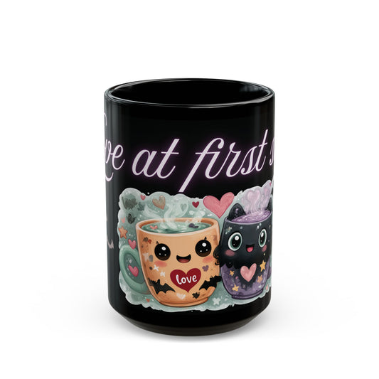 Whimsical Bat Mug, Love at First Sip Coffee Cup, Halloween Gift, Gothic Home Decor, Spooky Tea Mug, Unique Mugs Cute Bat Design - Black