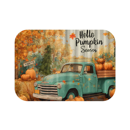 Bath Mat - Rustic Fall Farm Truck Hello Pumpkin Season Design Printify