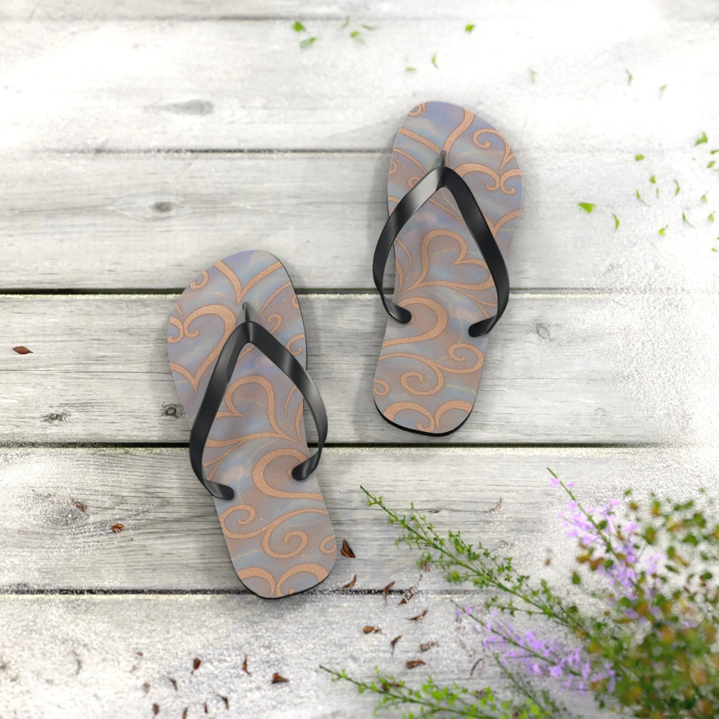 Flip Flops - Swirling Hearts Ombre Blue White Clouds Design Printify