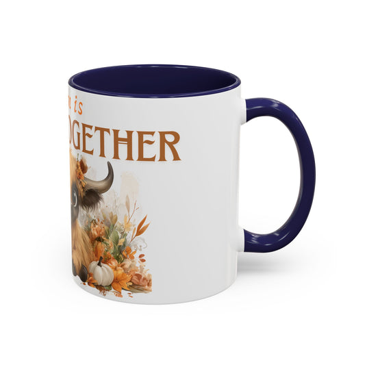 Autumn is Better Together Highland Cow Accent Coffee Mug Fall Mama and Baby Cow Cup White Ceramic with Color Handles 11oz or 15oz