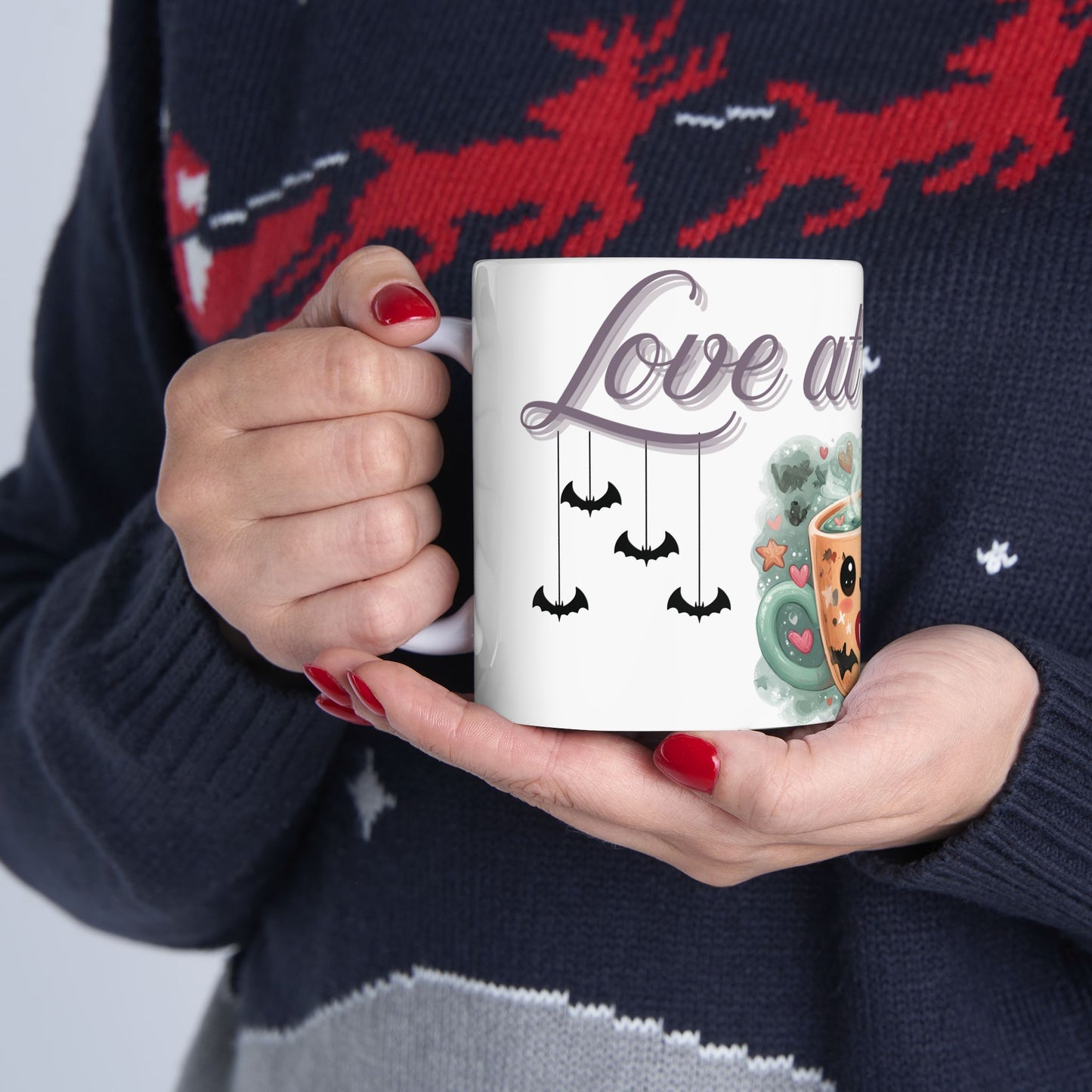 Whimsical Bat Ceramic Mug, Love at First Sip Kawaii Style Coffee Cup, 11oz, 15oz - Halloween Gift, Animal Lover, Cute Kitchen Decor, Vampire