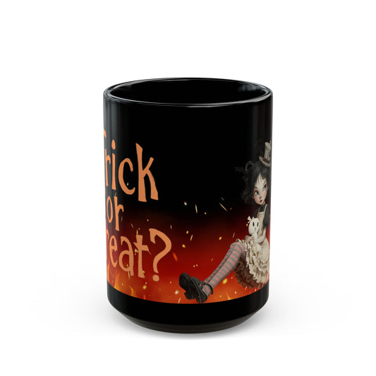 Halloween Themed Black Mug - Trick or Treat Design, Spooky Coffee Cup, Gift for Kids and Adults, Fall Decor, Fun Halloween Party Printify