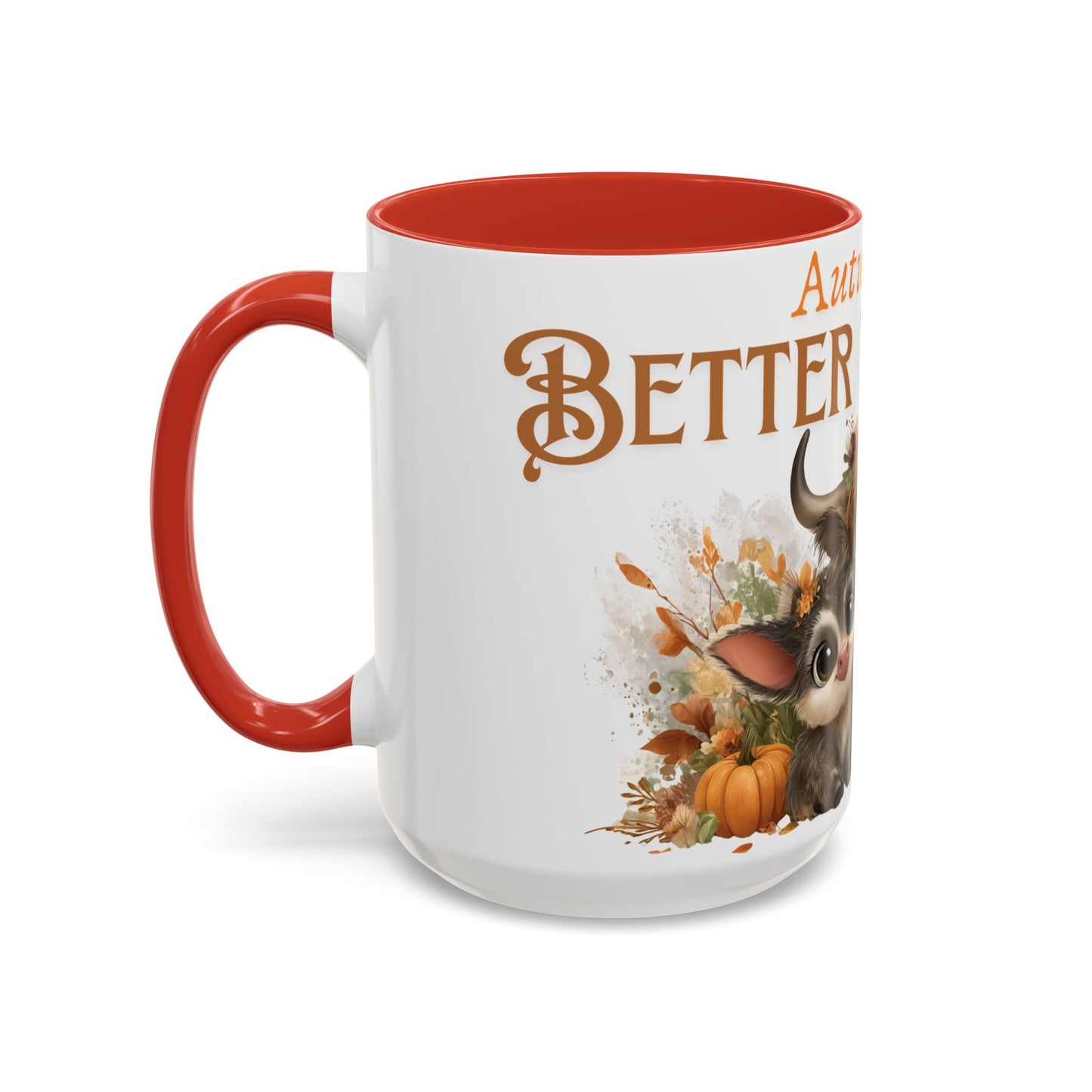 Autumn is Better Together Highland Cow Accent Coffee Mug Fall Mama and Baby Cow Cup White Ceramic with Color Handles 11oz or 15oz