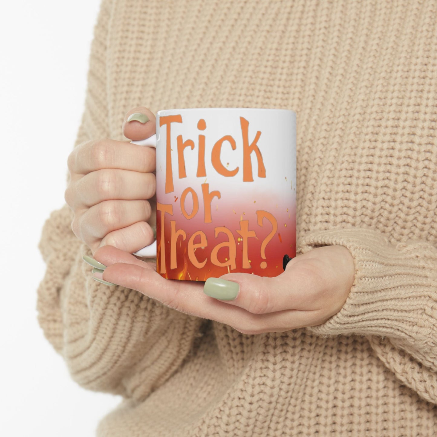 Halloween Themed Ceramic Mug - Trick or Treat Design, Cozy Gift, Spooky Decor, Fall Sipware, Festive Coffee Cup Printify
