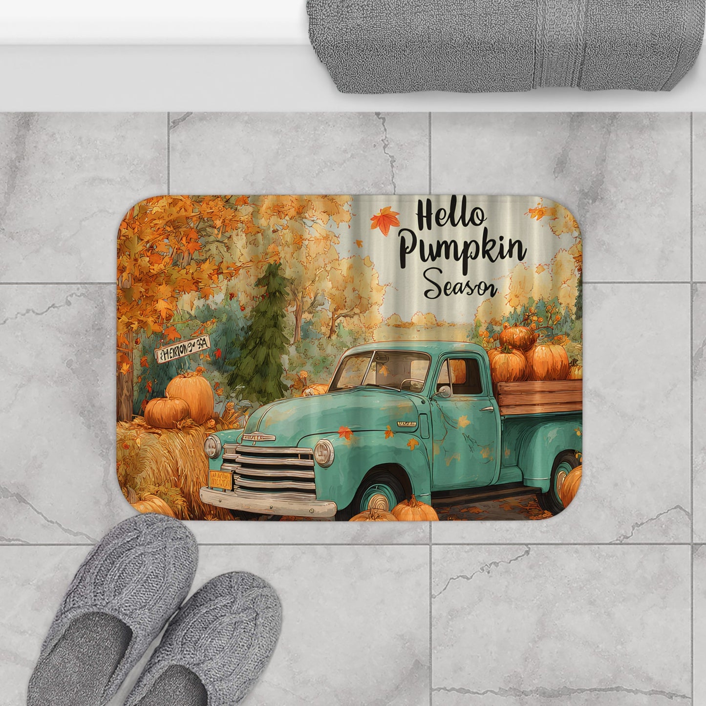 Bath Mat - Rustic Fall Farm Truck Hello Pumpkin Season Design Printify