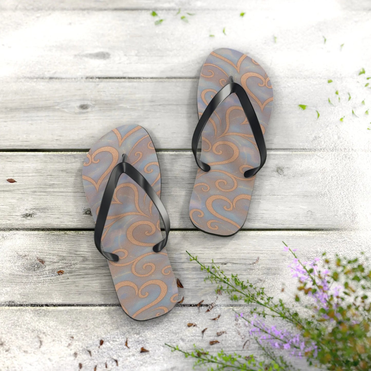 Flip Flops - Swirling Hearts Ombre Blue White Clouds Design Printify