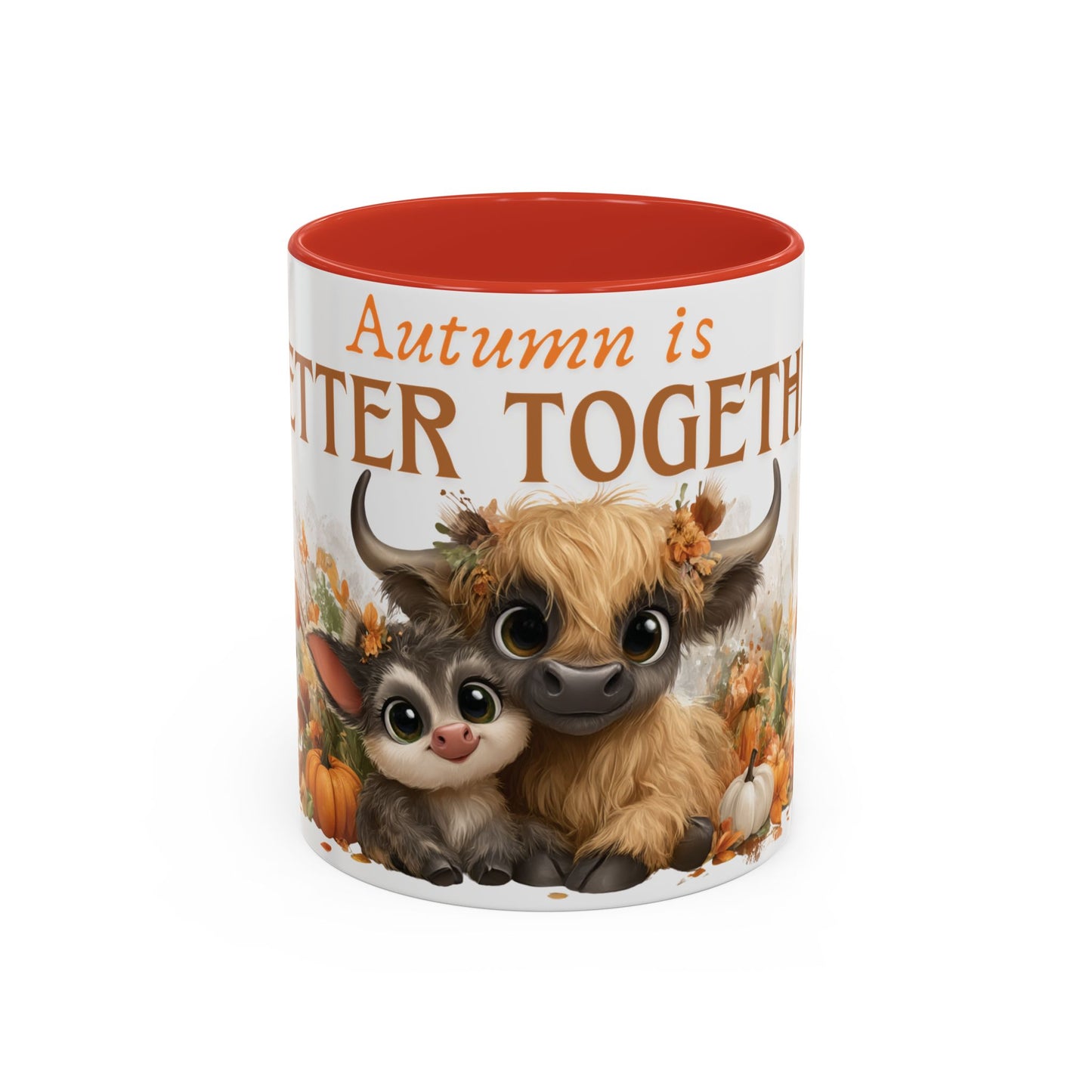Autumn is Better Together Highland Cow Accent Coffee Mug Fall Mama and Baby Cow Cup White Ceramic with Color Handles 11oz or 15oz