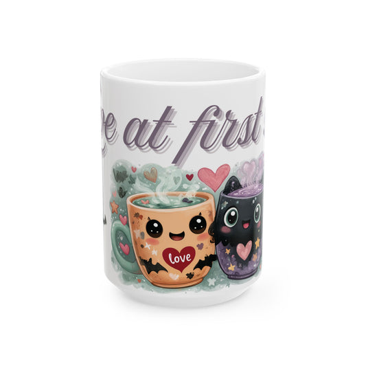 Whimsical Bat Ceramic Mug, Love at First Sip Kawaii Style Coffee Cup, 11oz, 15oz - Halloween Gift, Animal Lover, Cute Kitchen Decor, Vampire
