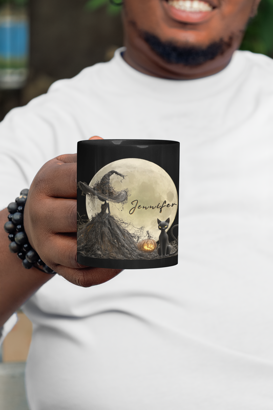 Personalized Halloween Witch Mug with Black Cat & Moon – Custom Name – 11oz / 15oz Black Glossy Ceramic Coffee Cup
