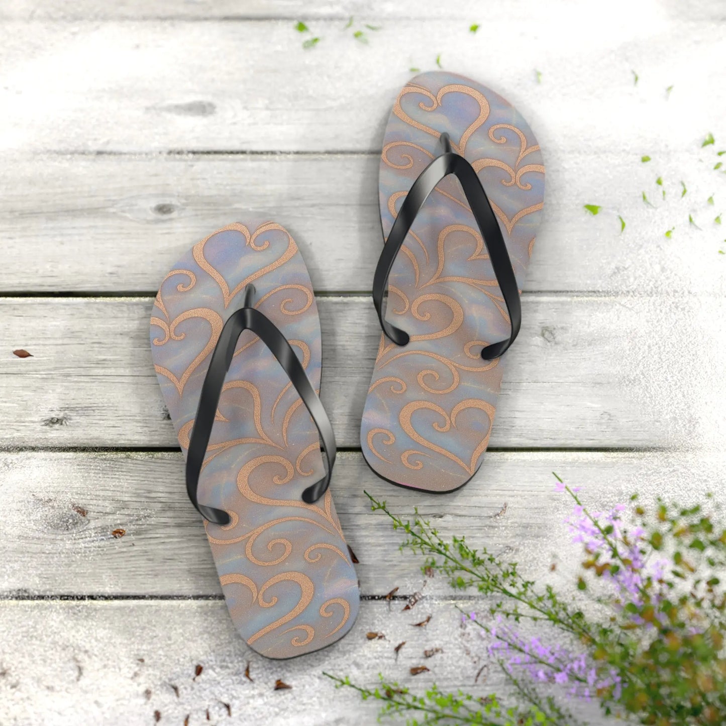 Flip Flops - Swirling Hearts Ombre Blue White Clouds Design Printify