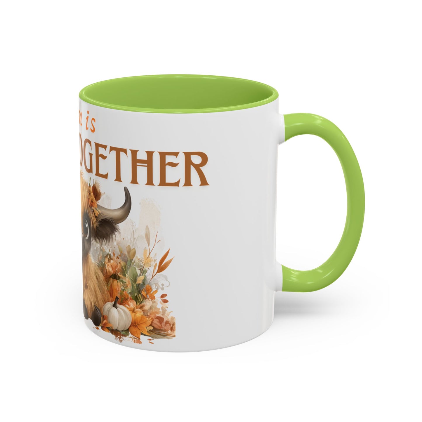 Autumn is Better Together Highland Cow Accent Coffee Mug Fall Mama and Baby Cow Cup White Ceramic with Color Handles 11oz or 15oz