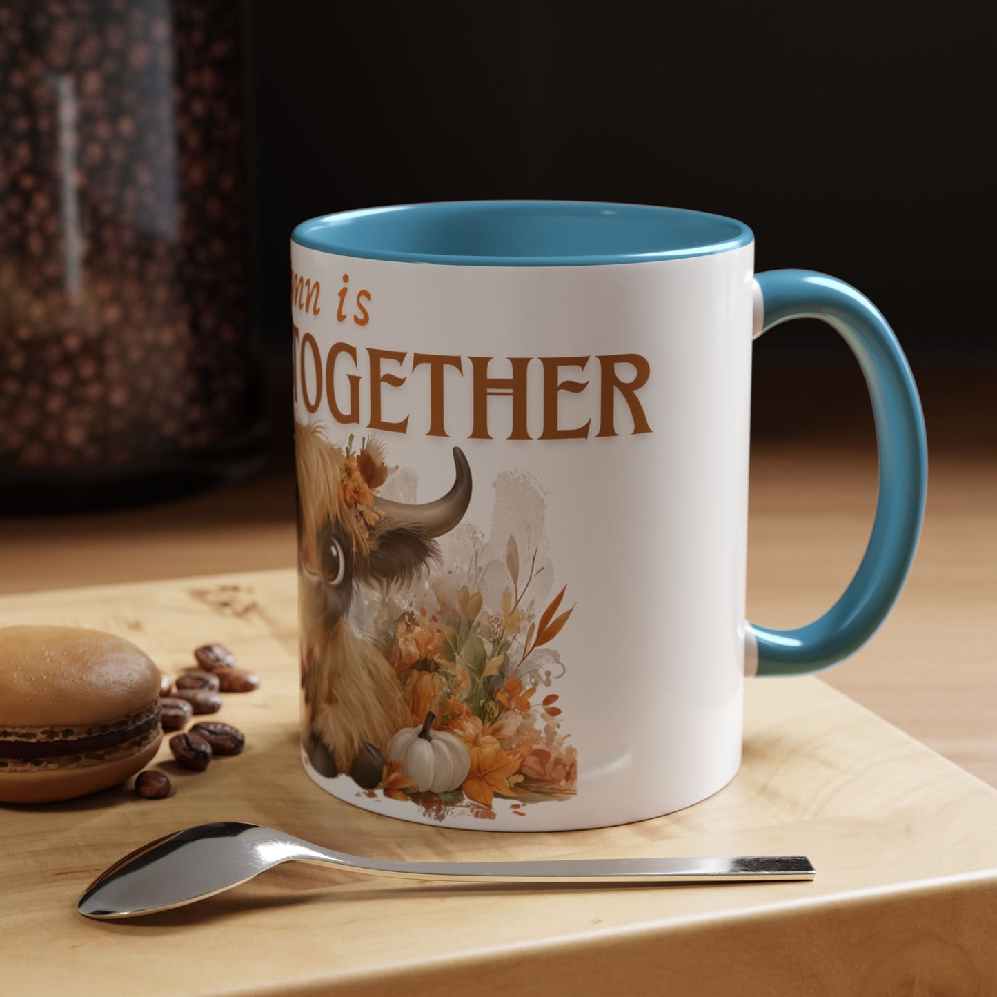 Autumn is Better Together Highland Cow Accent Coffee Mug Fall Mama and Baby Cow Cup White Ceramic with Color Handles 11oz or 15oz