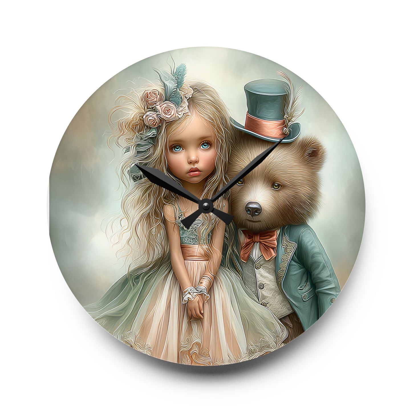 Whimsical Acrylic Wall Clock with Child and Bear Design, Unique Home Decor, Gift for Kids, Nursery Wall Art, Playful Timepiece Printify