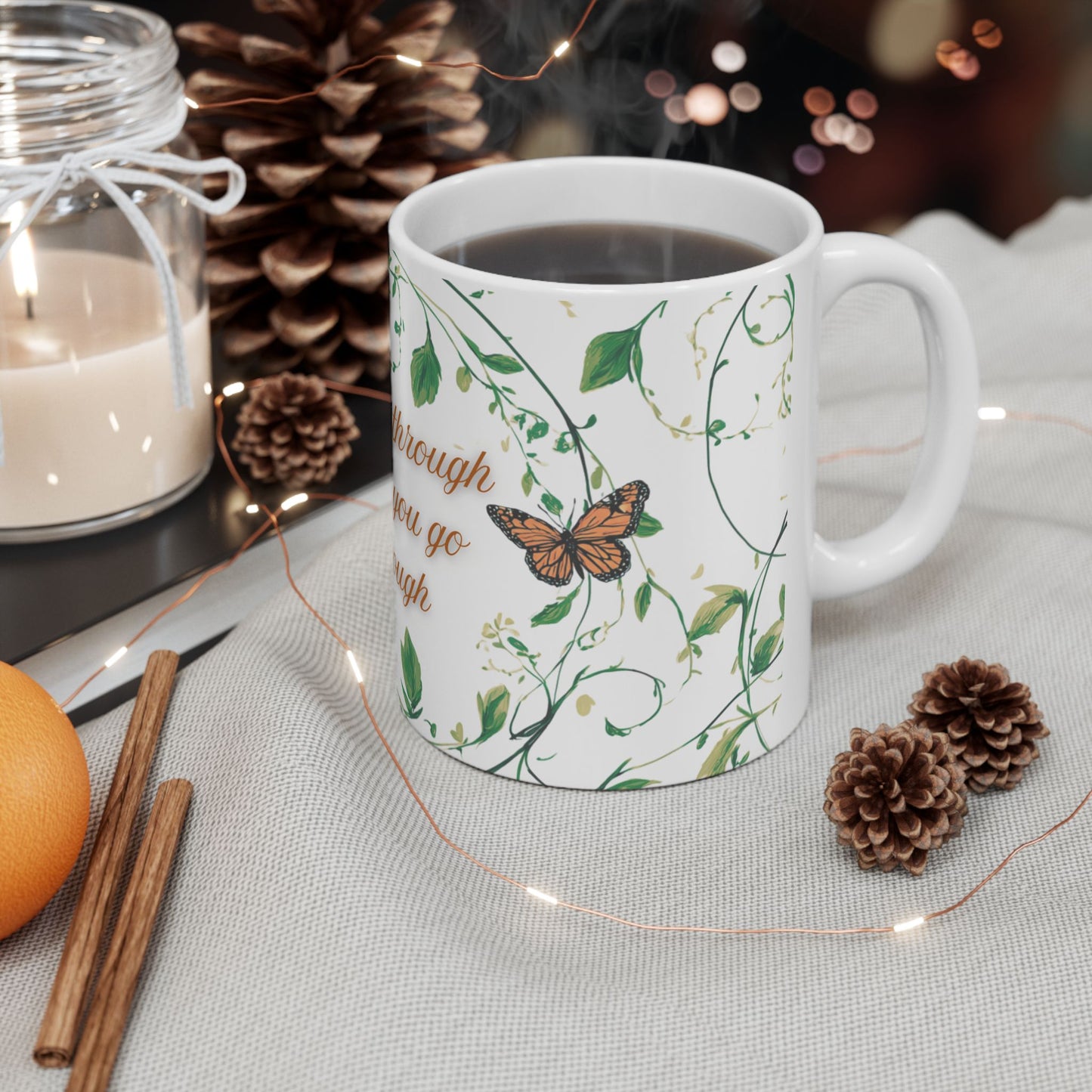 Inspirational Ceramic Mug, Grow Through What You Go Through Quote, Butterflies and Vines, Motivational Coffee Cup, 11oz, 15oz, Gift for Her