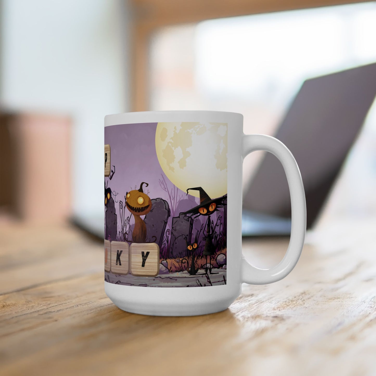 Sip Into Spooky Halloween Mug, Funny Scrabble Tile Coffee Cup, Cute Monster Design, Fall Gift for Coffee Lovers, Dishwasher Safe