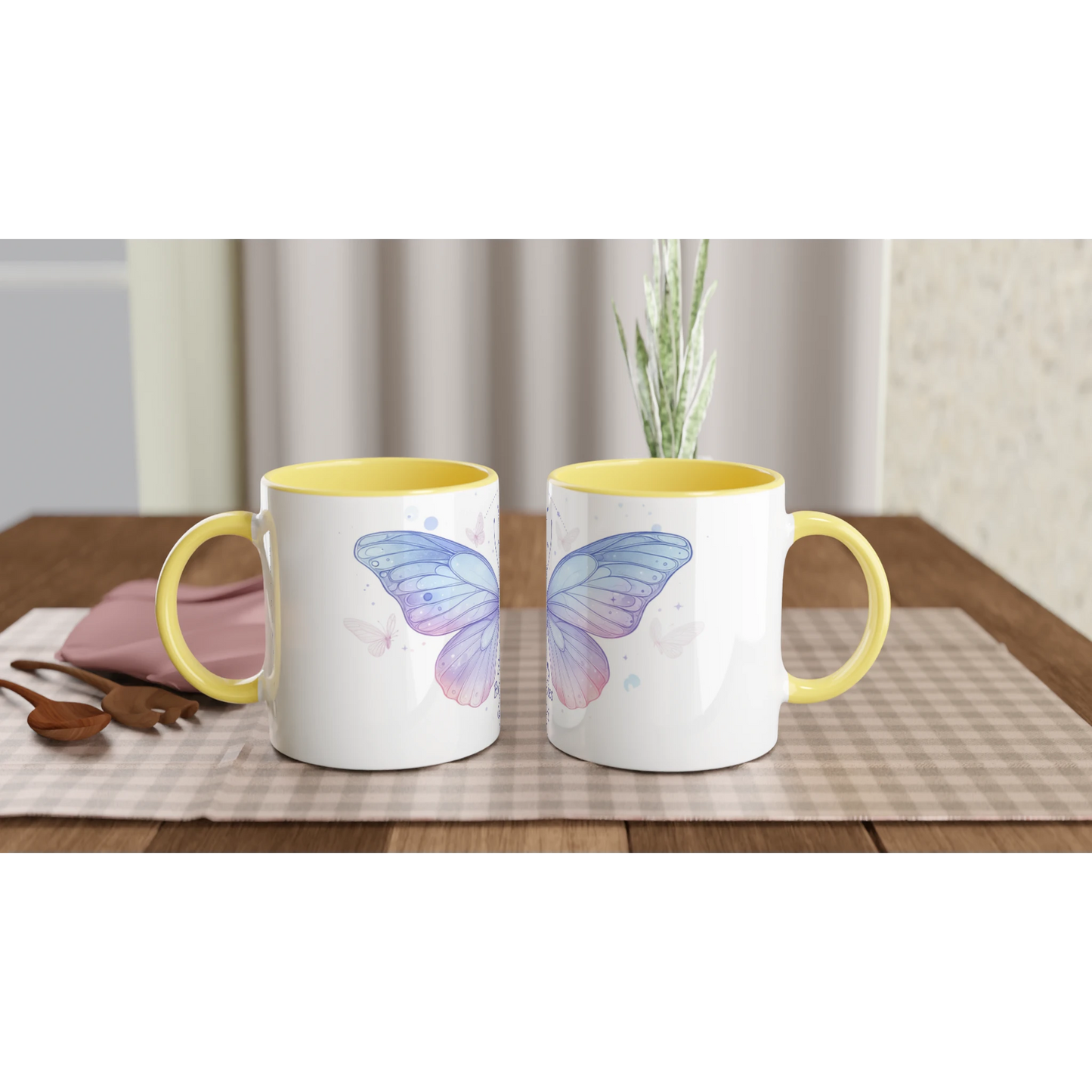 Zodiac Gemini - Socially Butterflies - White 11oz Ceramic Mug with Color Inside Ceramic Yellow | Unique Everyday Designz Home, Gifts & Apparel A Lid for Every Pot ~Everyday Designz~