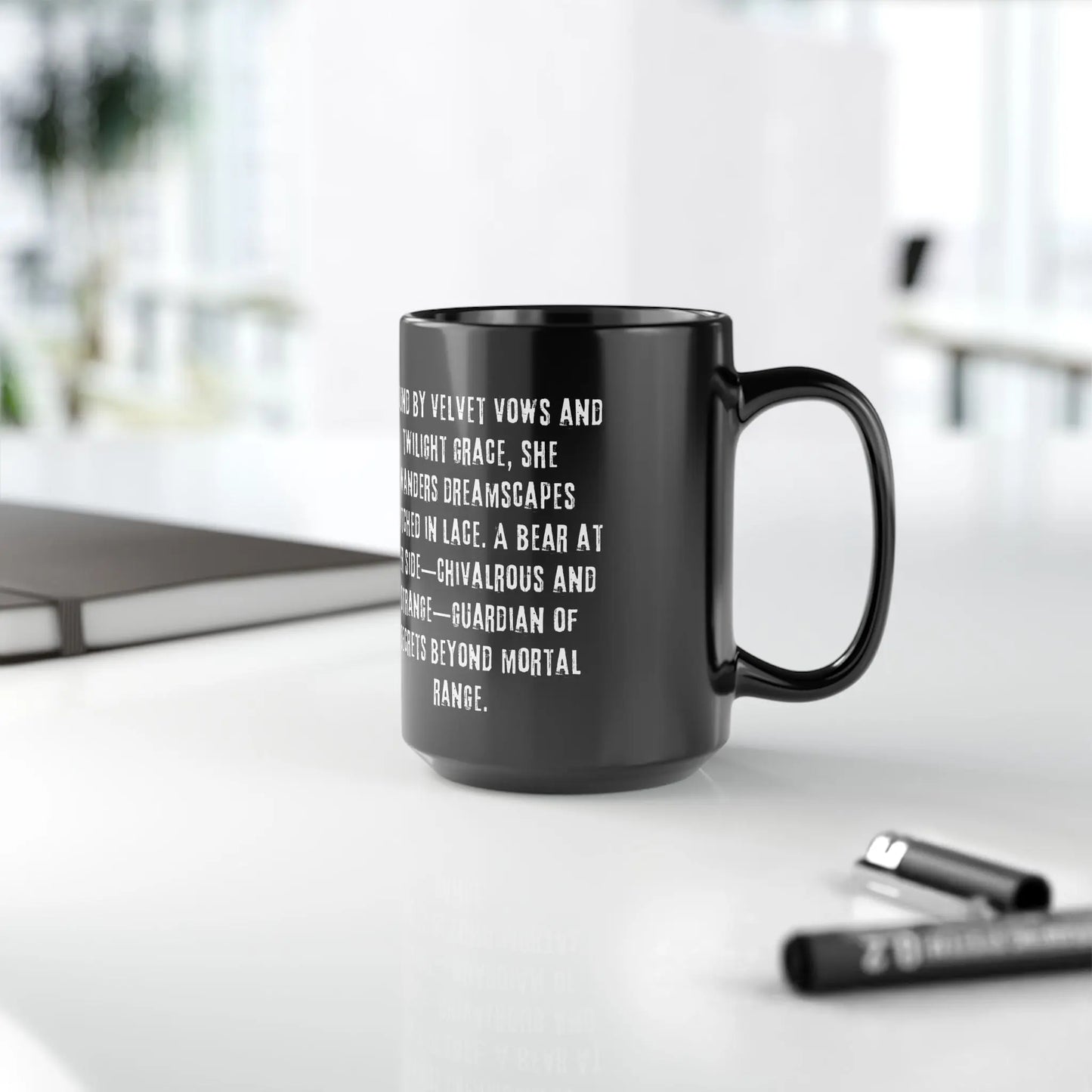 Mug: Gothic Child and Enchanting Bear 15oz Black Mug with Poem Printify