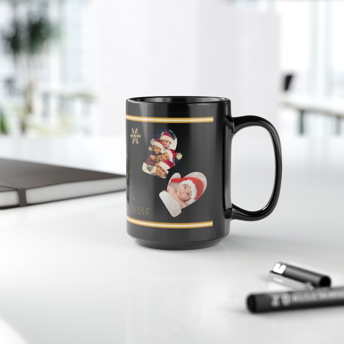 Custom Family Name Christmas Photo Mug – Personalized Holiday Pictures, Add Name & Year, Merry & Bright Gold Wrap, 11oz & 15oz Black Ceramic