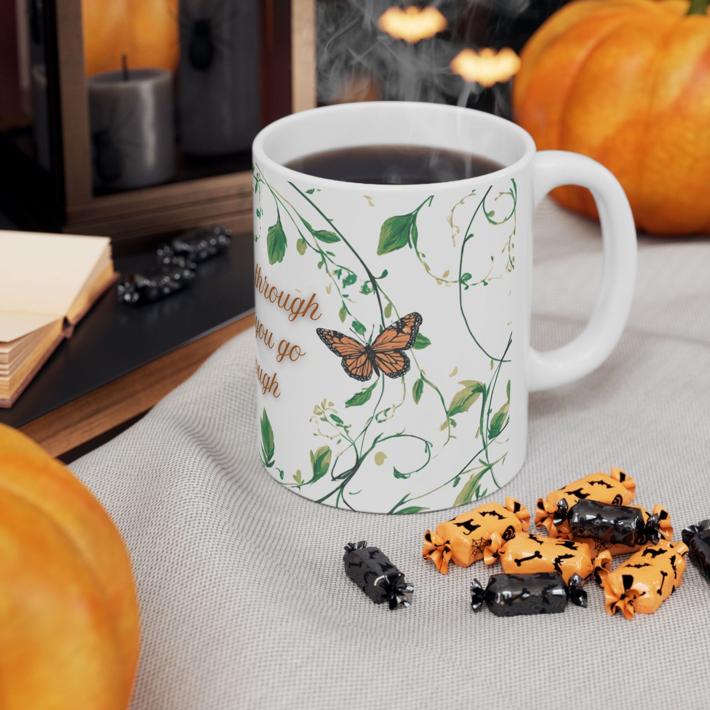 Inspirational Ceramic Mug, Grow Through What You Go Through Quote, Butterflies and Vines, Motivational Coffee Cup, 11oz, 15oz, Gift for Her
