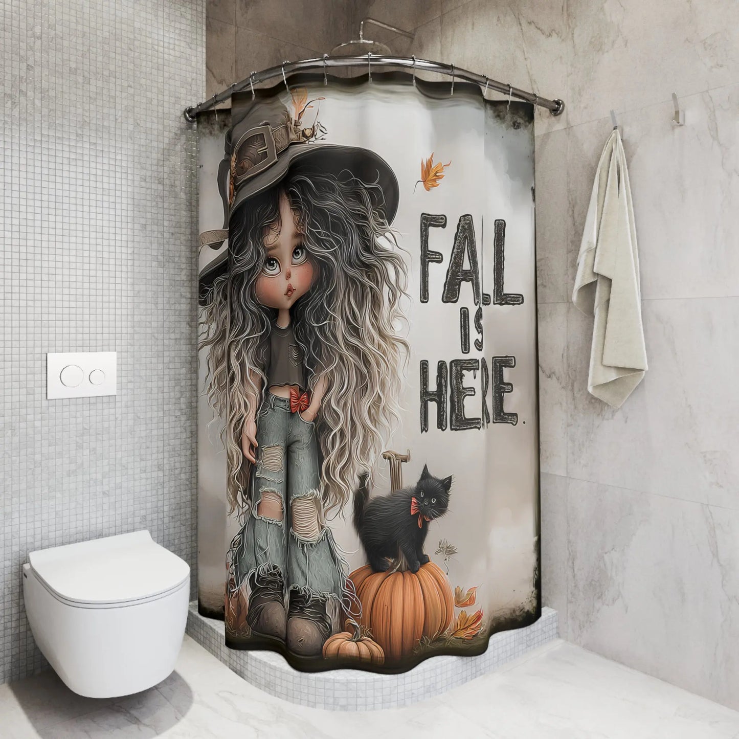Whimsical Fall Shower Curtain with Witch Design, Autumn Decor, Bathroom Accessories, Halloween Decor, Gift for Her, Seasonal Home Decor Printify