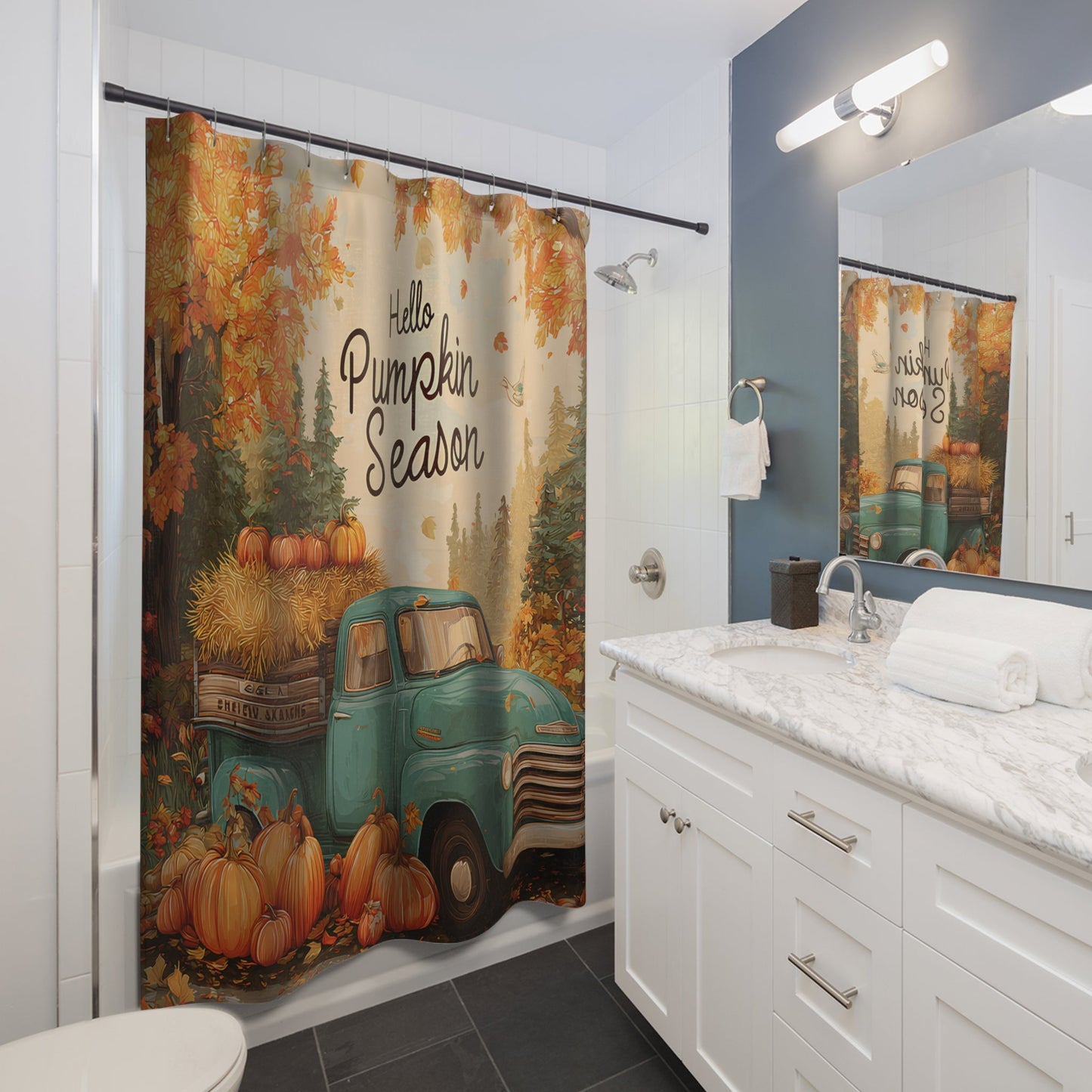 Shower Curtains - Rustic Fall Farm Truck Hello Pumpkin Season Printify