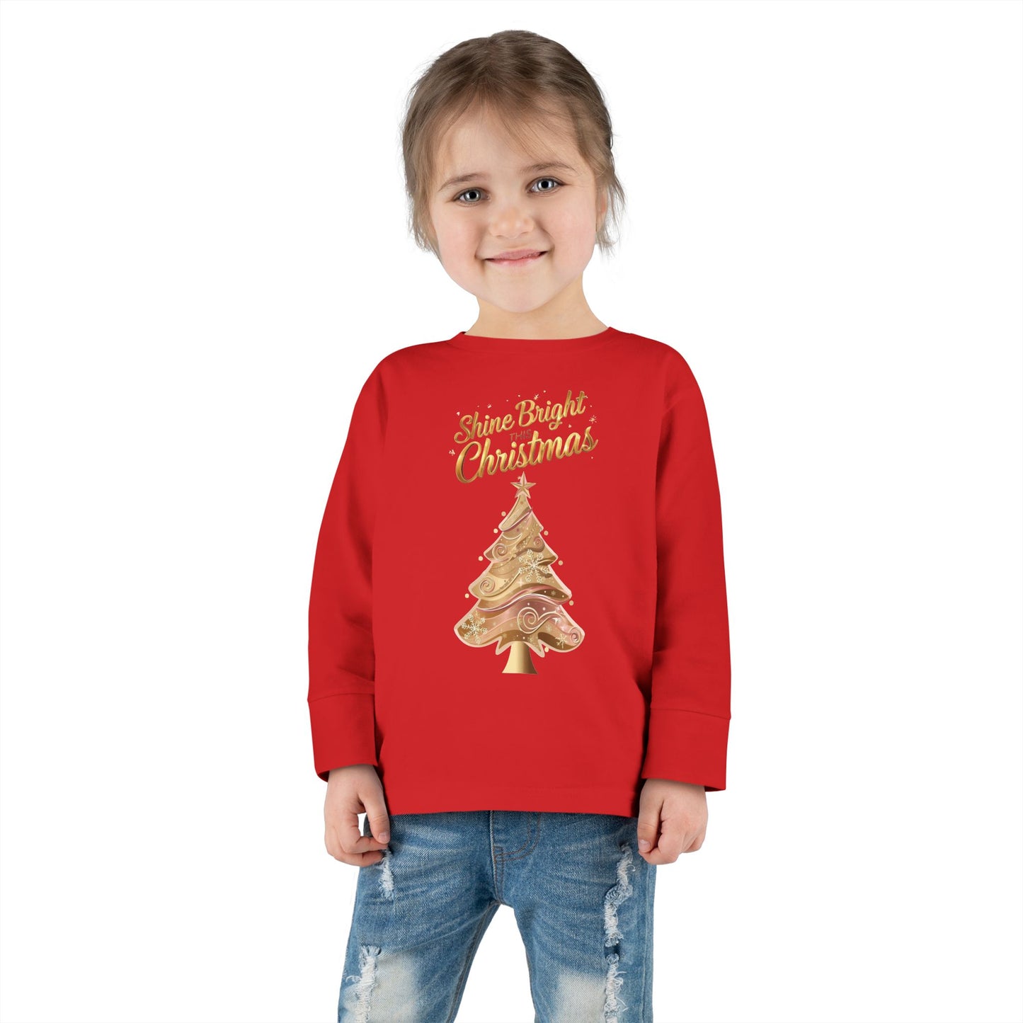 Toddler Long Sleeve Tee, "Shine Bright Christmas" Shirt for Kids, Holiday Outfit, Christmas Gift, Festive Clothing, Cute Toddler Apparel