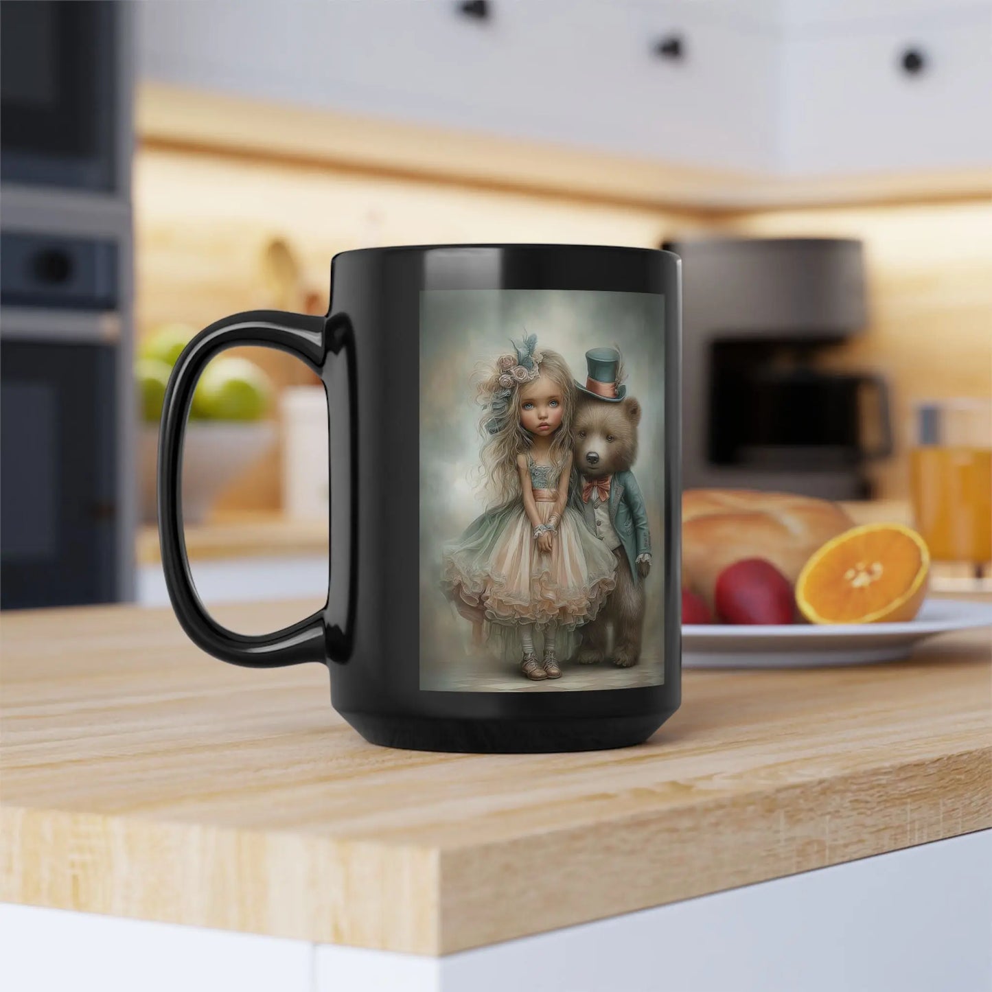 Mug: Gothic Child and Enchanting Bear 15oz Black Mug with Poem Printify