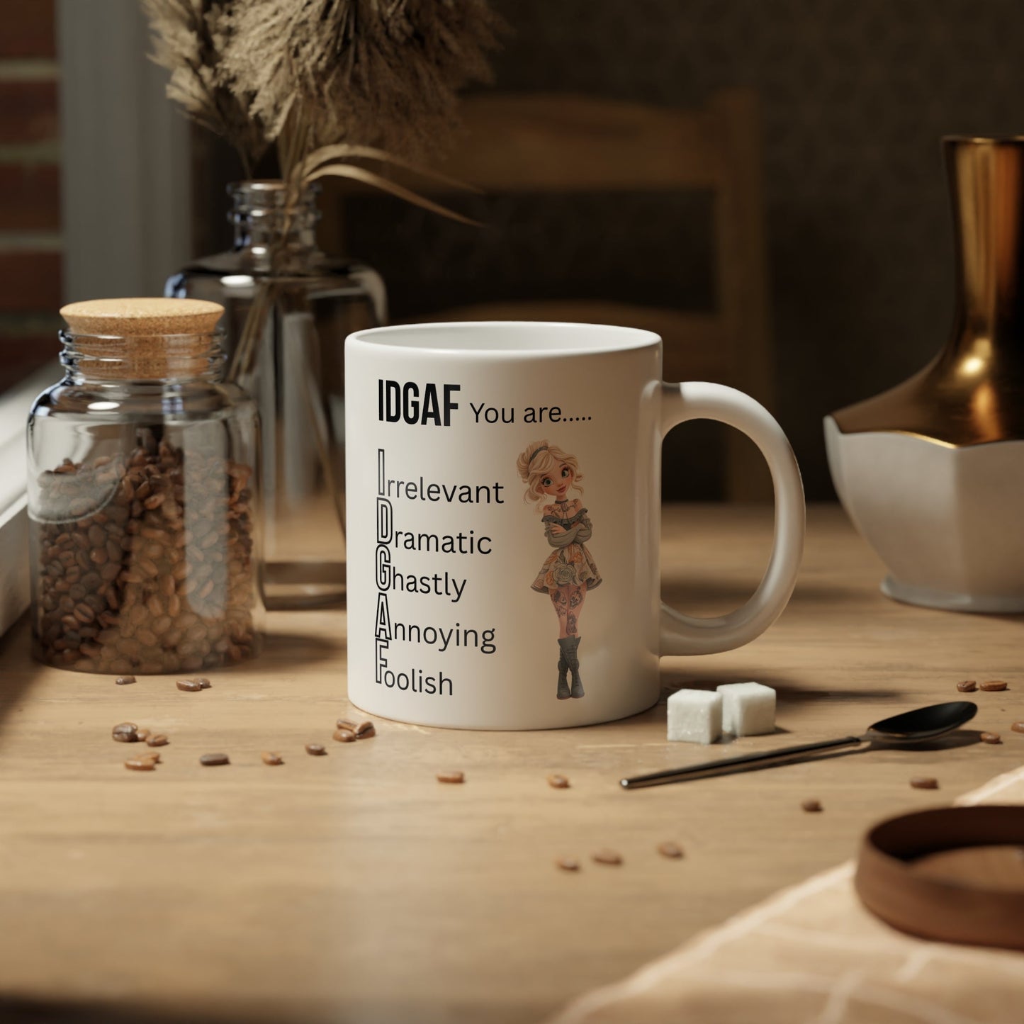 Funny IDGAF JUMBO MUG, (Right side design)Sarcastic Coffee Cup, Large Tea Mug, Oversized Mug, Snarky Quote Mug, Big Ceramic Cup Left side design Printify