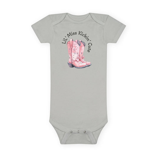 LiL' Miss Kickin' Cute with Cowgirl Boots, Infant Bodysuit, Western Baby, Rodeo Onesie, Cowgirl Baby Outfit, Personalization Option Printify