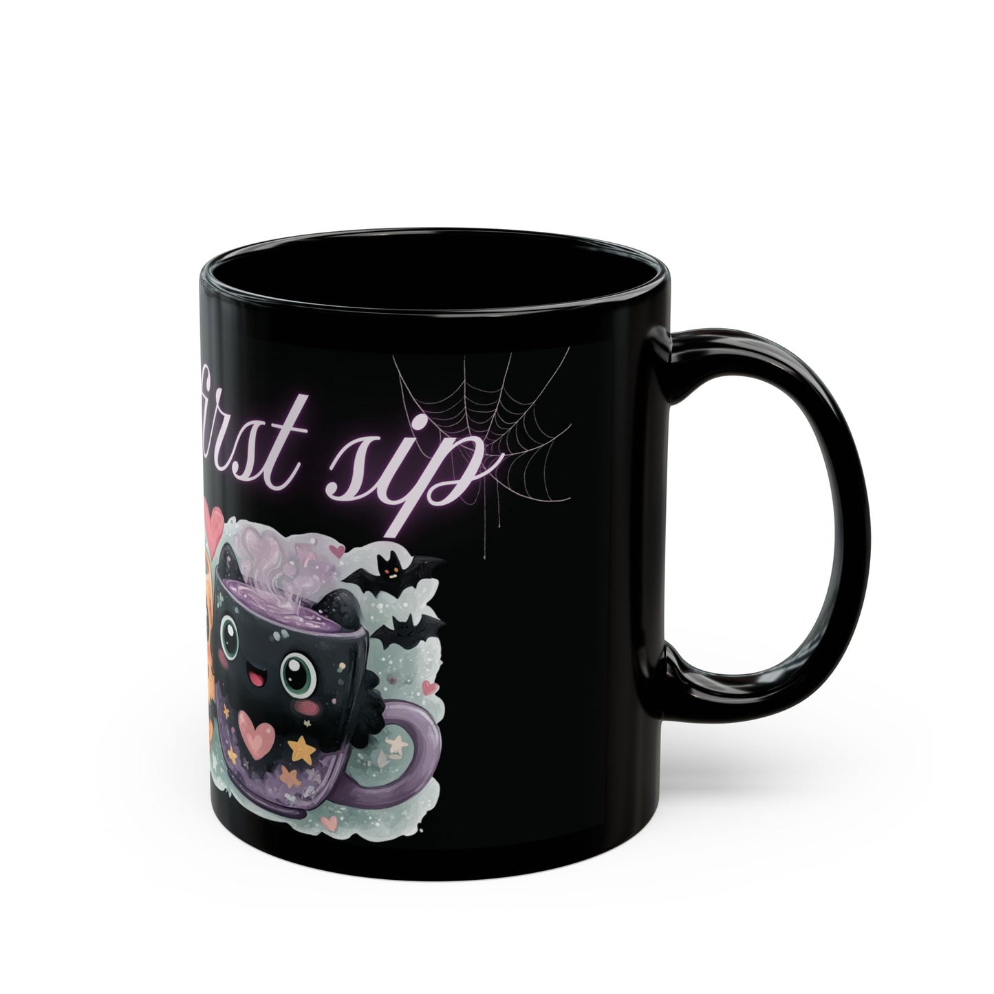 Whimsical Bat Mug, Love at First Sip Coffee Cup, Halloween Gift, Gothic Home Decor, Spooky Tea Mug, Unique Mugs Cute Bat Design - Black