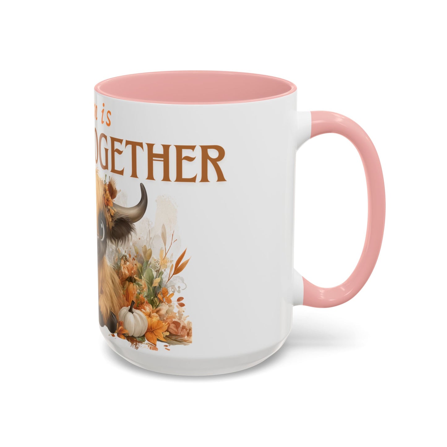 Autumn is Better Together Highland Cow Accent Coffee Mug Fall Mama and Baby Cow Cup White Ceramic with Color Handles 11oz or 15oz