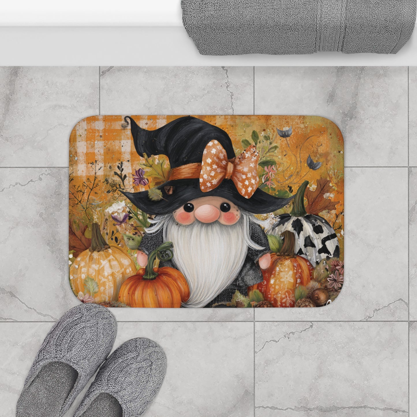Fall Gnome Bath Mat - Cozy Autumn Decor, Pumpkin Themed, Perfect for Halloween, Thanksgiving, Home Entryway, Bathroom Accent